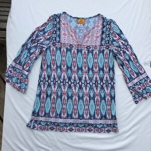 Ruby Rd Top Womens Blue V-Neck Short Sleeve Tunic Blouse Basic Stretch - Medium